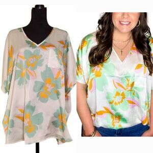 JODIFL NWT White Satin Floral Blouse, Size Medium